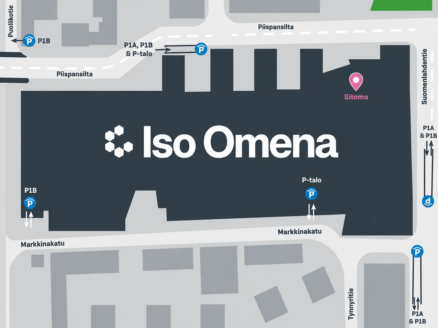 Sisäänajo Iso Omenan parkkihalliin Piispansillalta